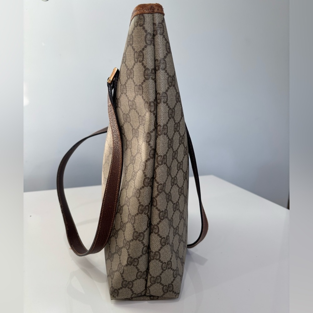 Gucci Vintage GG Supreme Monogram Canvas Shoulder Tote Brown Leather Trim Italy - Picture 7 of 10